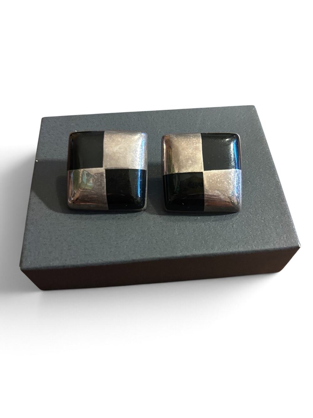 Vinatge Taxco Checkerboard Earrings 925 Sterling Silver Black Onyx Studs